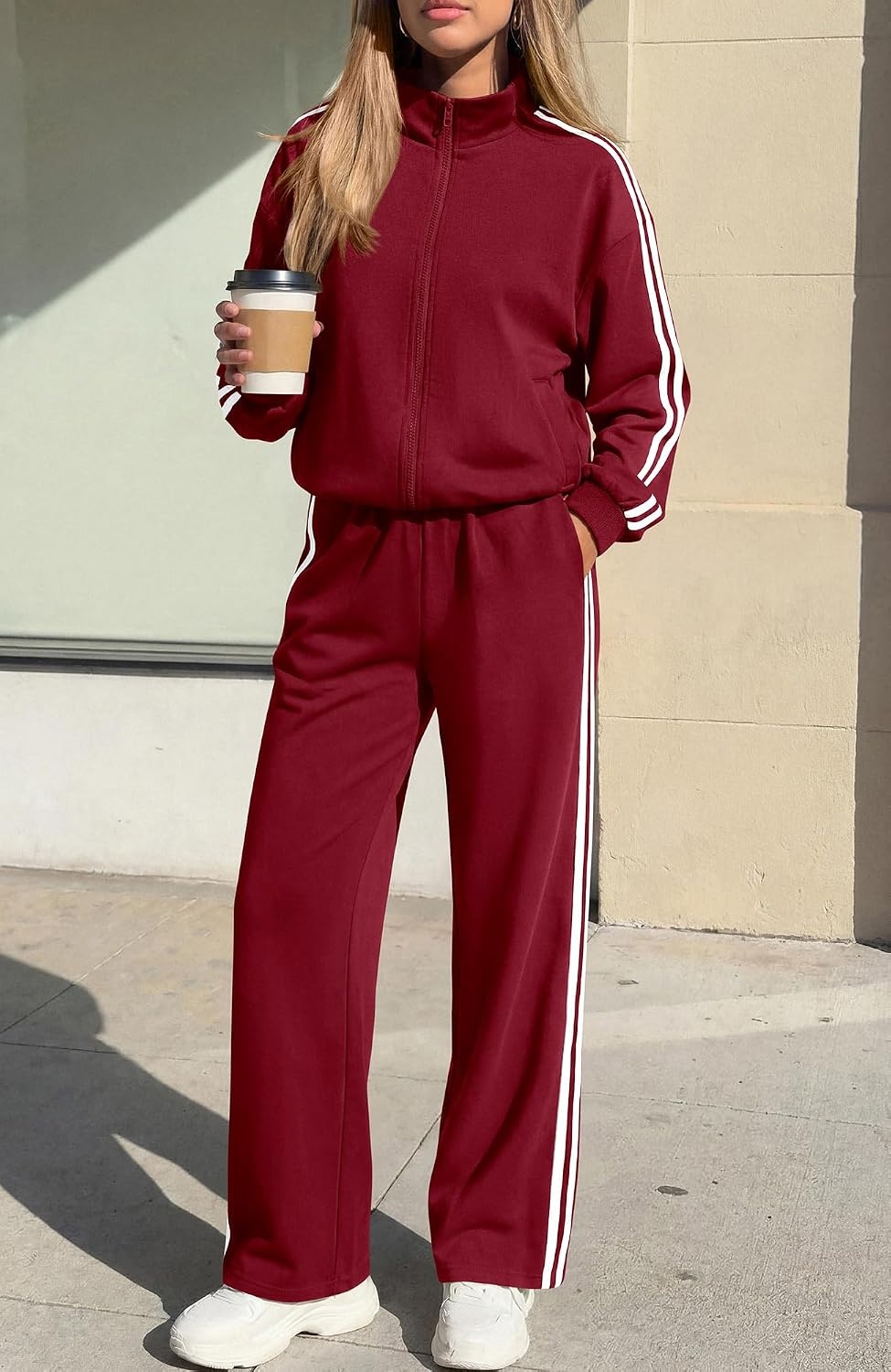 image:imageBTFBM Workout Sets For Women Long Sleeve Zip Up Sweatshirt Wide Pants Matching Lounge Set Fall 2 Piece Outfits AirportWine Red