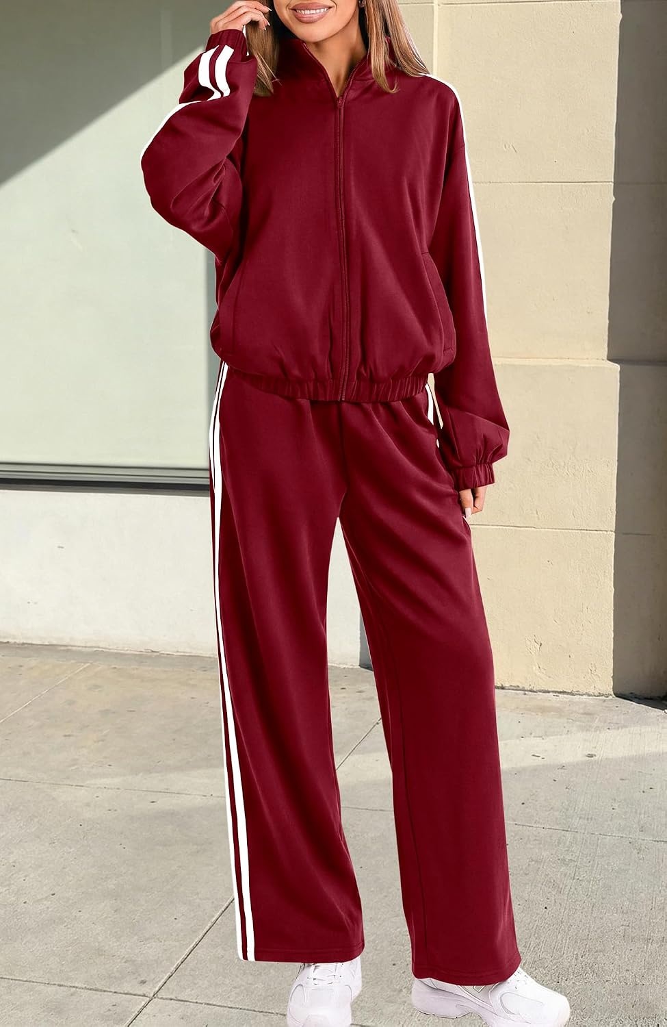 image:imageBTFBM Workout Sets For Women Long Sleeve Zip Up Sweatshirt Wide Pants Matching Lounge Set Fall 2 Piece Outfits AirportWine Red