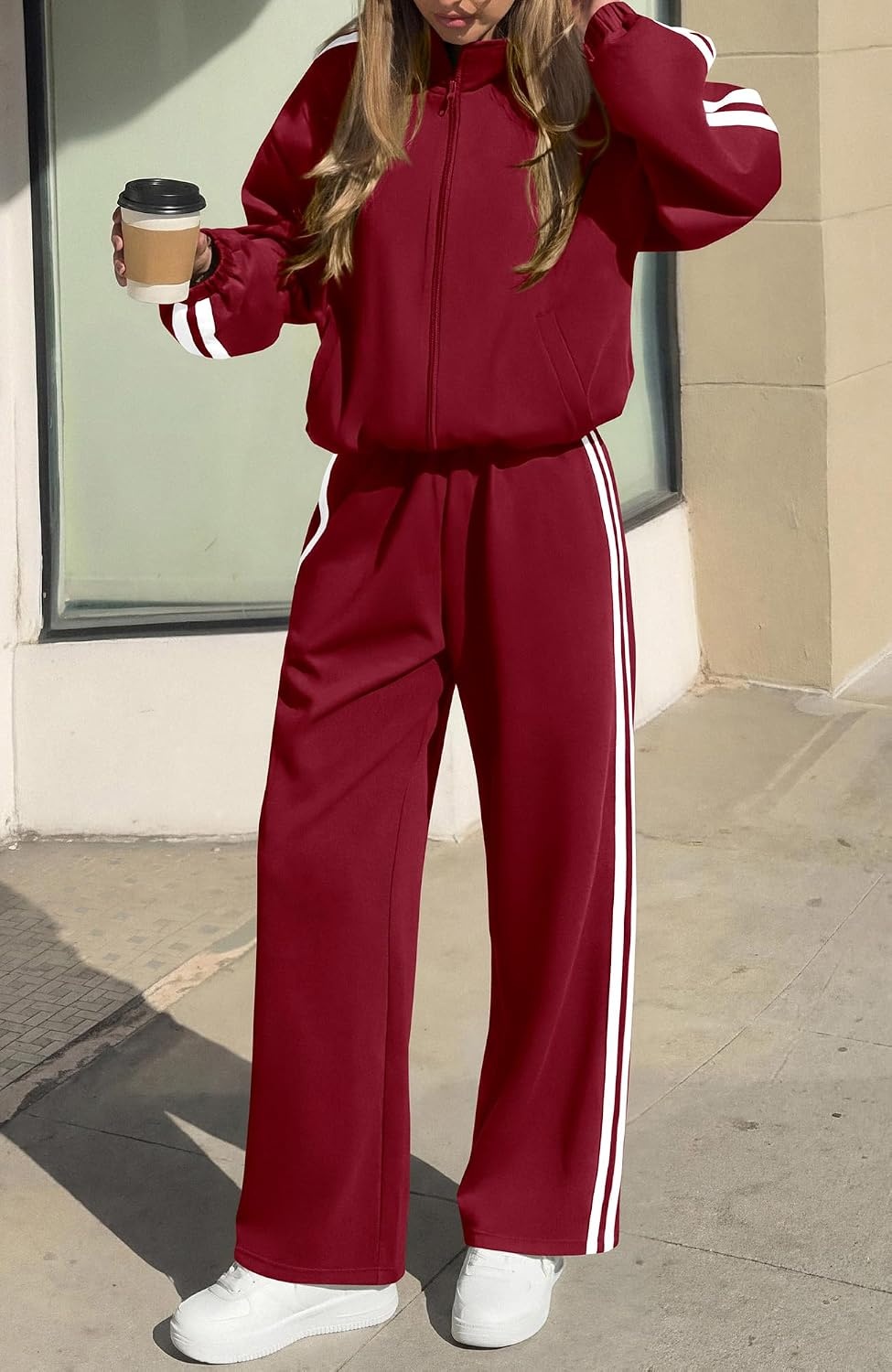 image:imageBTFBM Workout Sets For Women Long Sleeve Zip Up Sweatshirt Wide Pants Matching Lounge Set Fall 2 Piece Outfits AirportWine Red