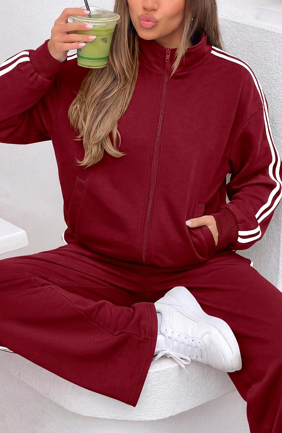 image:imageBTFBM Workout Sets For Women Long Sleeve Zip Up Sweatshirt Wide Pants Matching Lounge Set Fall 2 Piece Outfits AirportWine Red