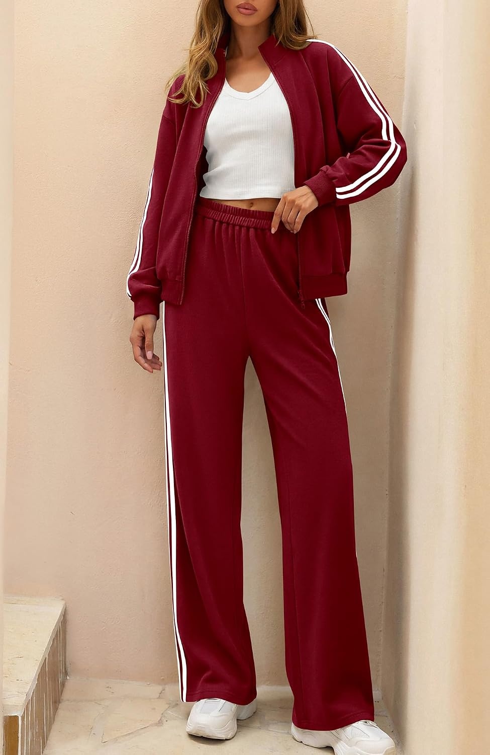 image:imageBTFBM Workout Sets For Women Long Sleeve Zip Up Sweatshirt Wide Pants Matching Lounge Set Fall 2 Piece Outfits AirportWine Red