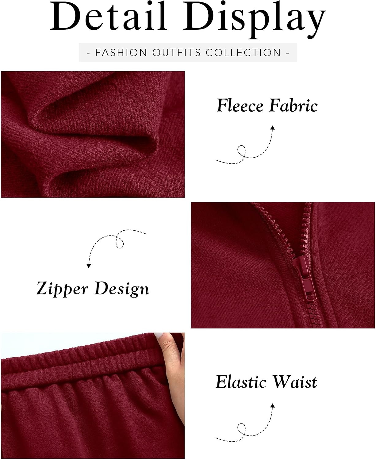 image:imageBTFBM Workout Sets For Women Long Sleeve Zip Up Sweatshirt Wide Pants Matching Lounge Set Fall 2 Piece Outfits AirportWine Red