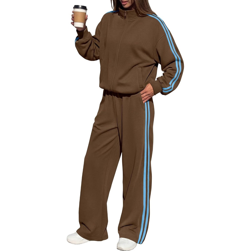 image:imageBTFBM Workout Sets For Women Long Sleeve Zip Up Sweatshirt Wide Pants Matching Lounge Set Fall 2 Piece Outfits AirportBrown
