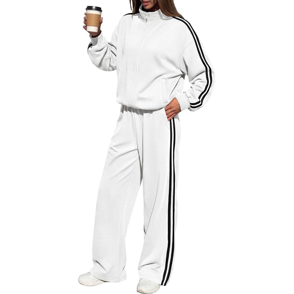image:imageBTFBM Workout Sets For Women Long Sleeve Zip Up Sweatshirt Wide Pants Matching Lounge Set Fall 2 Piece Outfits AirportWhite