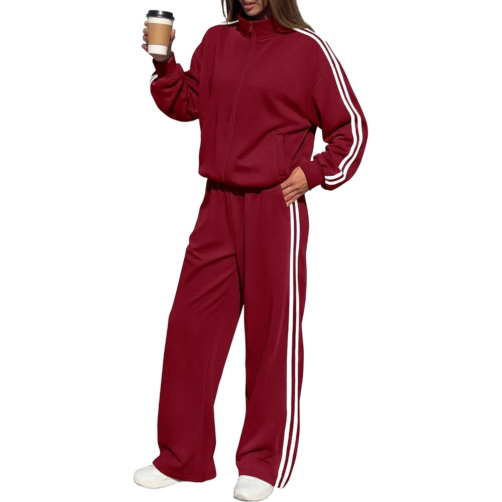 image:imageBTFBM Workout Sets For Women Long Sleeve Zip Up Sweatshirt Wide Pants Matching Lounge Set Fall 2 Piece Outfits AirportWine Red