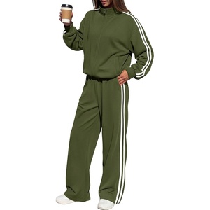 BTFBM Workout Sets For Women Long Sleeve Zip Up Sweatshirt Wide Pants Matching Lounge Set Fall 2 Piece Outfits Airport(Army Green)