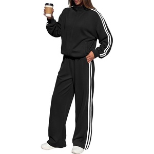 BTFBM Workout Sets For Women Long Sleeve Zip Up Sweatshirt Wide Pants Matching Lounge Set Fall 2 Piece Outfits Airport(Black)