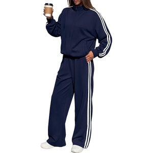 BTFBM Workout Sets For Women Long Sleeve Zip Up Sweatshirt Wide Pants Matching Lounge Set Fall 2 Piece Outfits Airport(Navy)