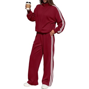 BTFBM Workout Sets For Women Long Sleeve Zip Up Sweatshirt Wide Pants Matching Lounge Set Fall 2 Piece Outfits Airport(Wine Red)