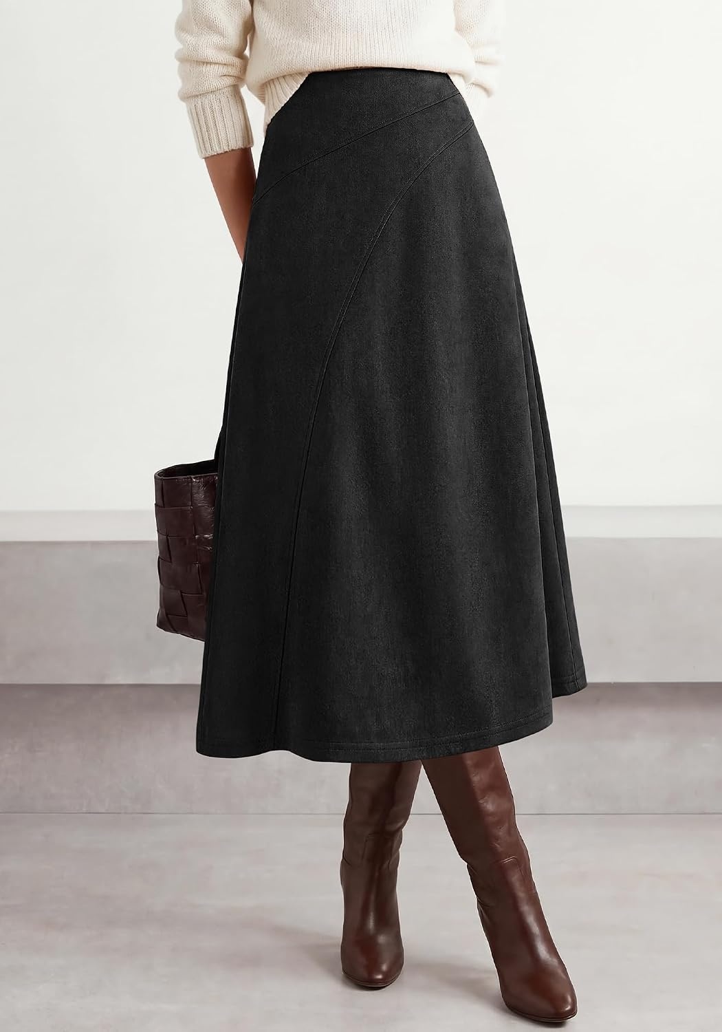 image:imageBTFBM Women Faux Suede Midi Long Skirt Fall Fashion 2026 High Waisted Skirts For Women Trendy Lightweight Back Elastic Arc Line Design ALine Winter Dress Boho Western OutfitsBlack