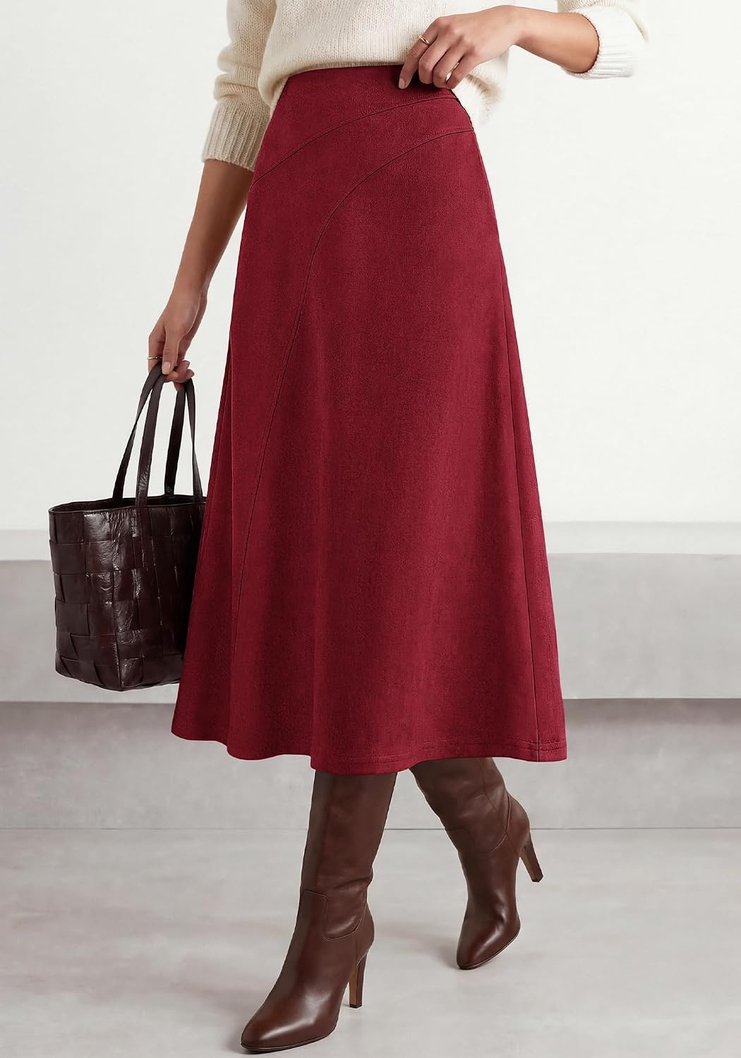 image:imageBTFBM Women Faux Suede Midi Long Skirt Fall Fashion 2026 High Waisted Skirts For Women Trendy Lightweight Back Elastic Arc Line Design ALine Winter Dress Boho Western OutfitsBurgundy