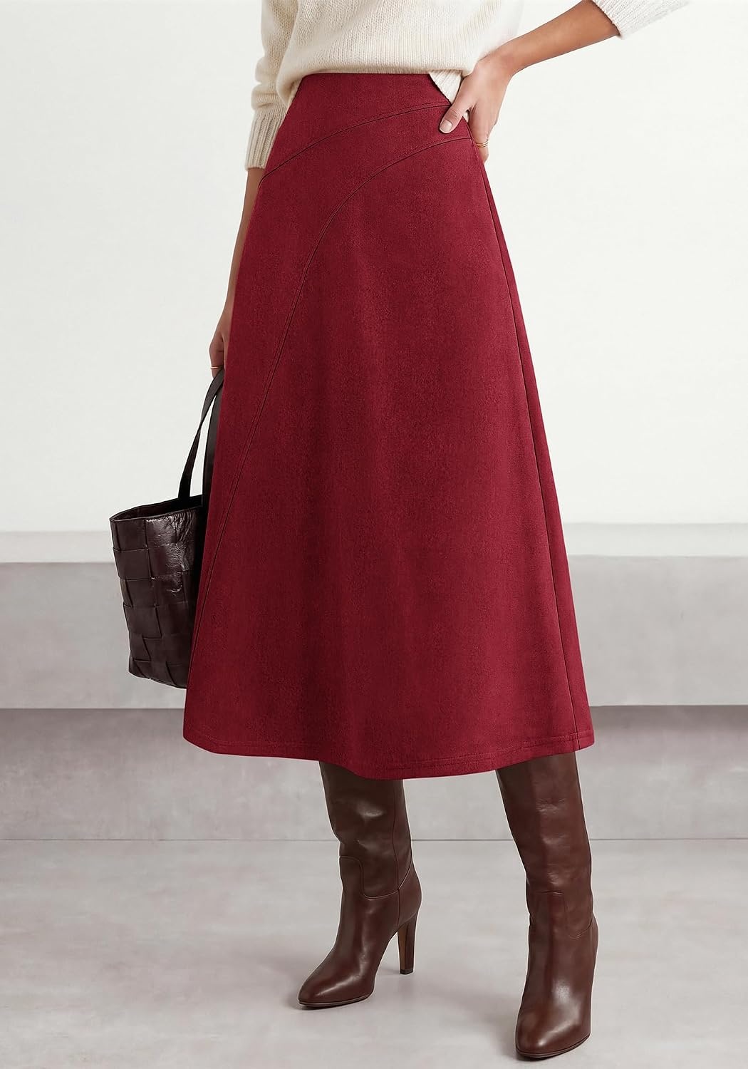 image:imageBTFBM Women Faux Suede Midi Long Skirt Fall Fashion 2026 High Waisted Skirts For Women Trendy Lightweight Back Elastic Arc Line Design ALine Winter Dress Boho Western OutfitsBurgundy