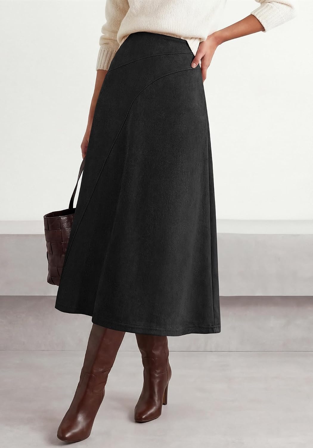 image:imageBTFBM Women Faux Suede Midi Long Skirt Fall Fashion 2026 High Waisted Skirts For Women Trendy Lightweight Back Elastic Arc Line Design ALine Winter Dress Boho Western OutfitsBlack