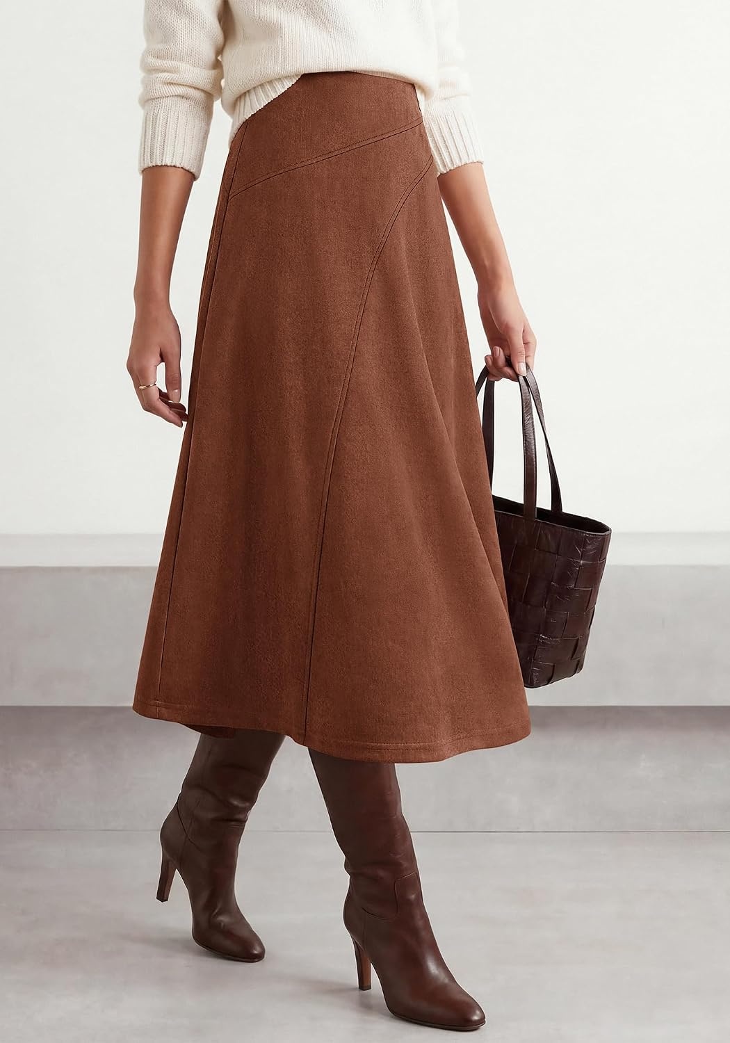 image:imageBTFBM Women Faux Suede Midi Long Skirt Fall Fashion 2026 High Waisted Skirts For Women Trendy Lightweight Back Elastic Arc Line Design ALine Winter Dress Boho Western OutfitsDark Brown