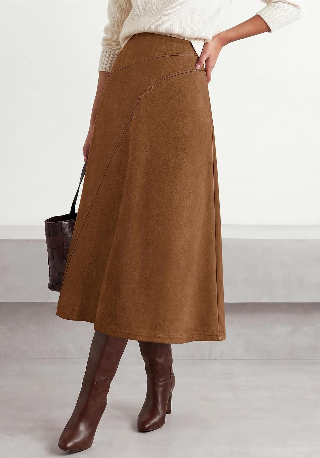 image:imageBTFBM Women Faux Suede Midi Long Skirt Fall Fashion 2026 High Waisted Skirts For Women Trendy Lightweight Back Elastic Arc Line Design ALine Winter Dress Boho Western OutfitsBrown