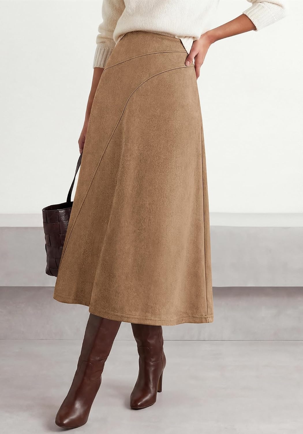 image:imageBTFBM Women Faux Suede Midi Long Skirt Fall Fashion 2026 High Waisted Skirts For Women Trendy Lightweight Back Elastic Arc Line Design ALine Winter Dress Boho Western OutfitsKhaki