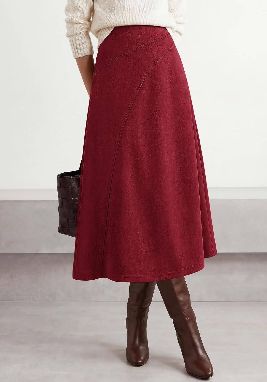 image:imageBTFBM Women Faux Suede Midi Long Skirt Fall Fashion 2026 High Waisted Skirts For Women Trendy Lightweight Back Elastic Arc Line Design ALine Winter Dress Boho Western OutfitsBurgundy