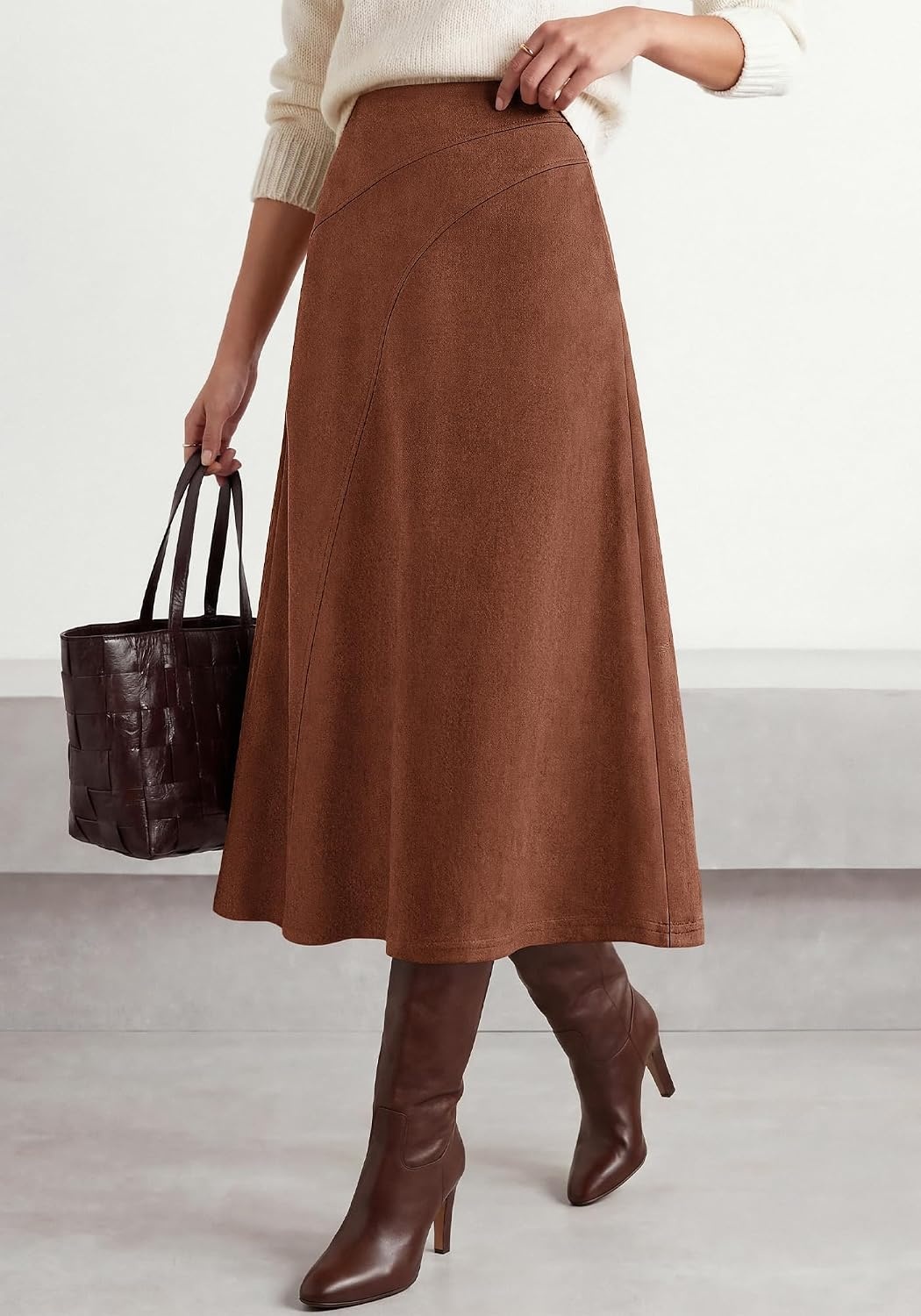 image:imageBTFBM Women Faux Suede Midi Long Skirt Fall Fashion 2026 High Waisted Skirts For Women Trendy Lightweight Back Elastic Arc Line Design ALine Winter Dress Boho Western OutfitsDark Brown