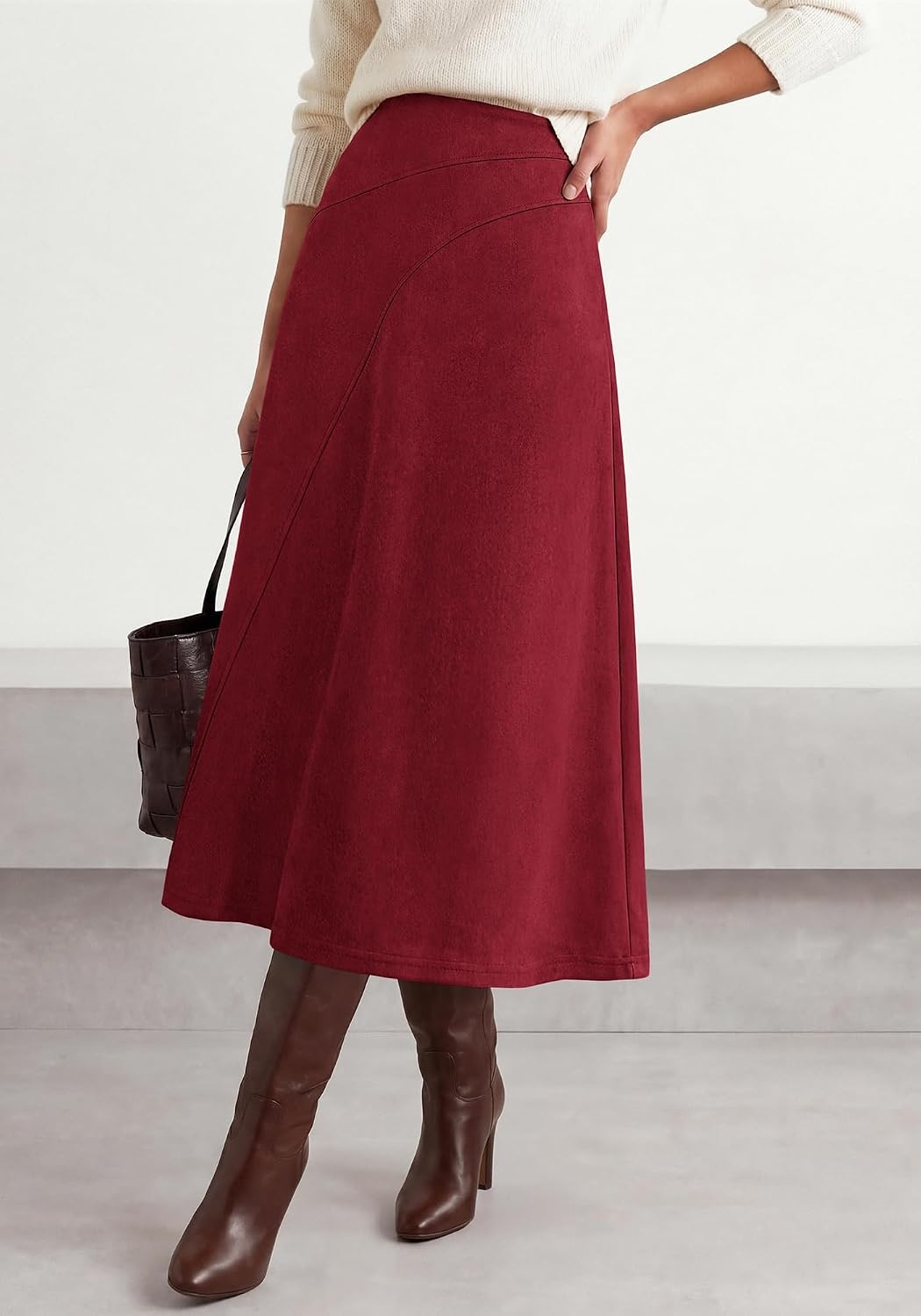 image:imageBTFBM Women Faux Suede Midi Long Skirt Fall Fashion 2026 High Waisted Skirts For Women Trendy Lightweight Back Elastic Arc Line Design ALine Winter Dress Boho Western OutfitsBurgundy