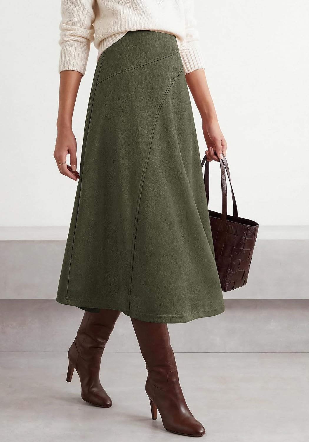 image:imageBTFBM Women Faux Suede Midi Long Skirt Fall Fashion 2026 High Waisted Skirts For Women Trendy Lightweight Back Elastic Arc Line Design ALine Winter Dress Boho Western OutfitsArmy Green