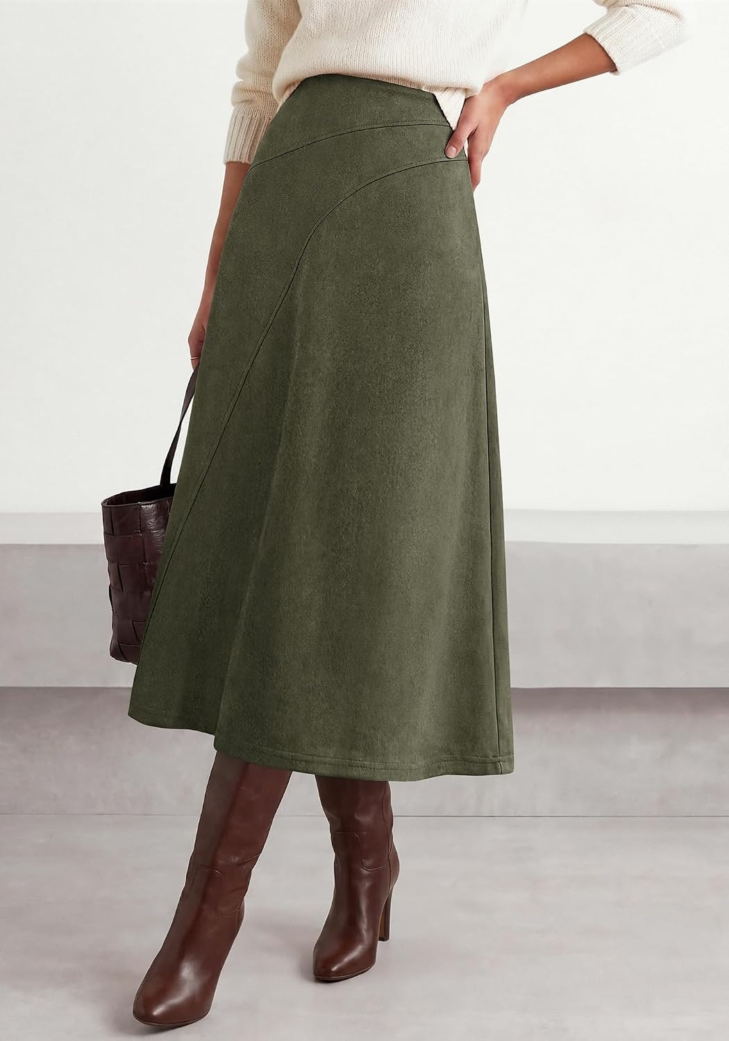 image:imageBTFBM Women Faux Suede Midi Long Skirt Fall Fashion 2026 High Waisted Skirts For Women Trendy Lightweight Back Elastic Arc Line Design ALine Winter Dress Boho Western OutfitsArmy Green