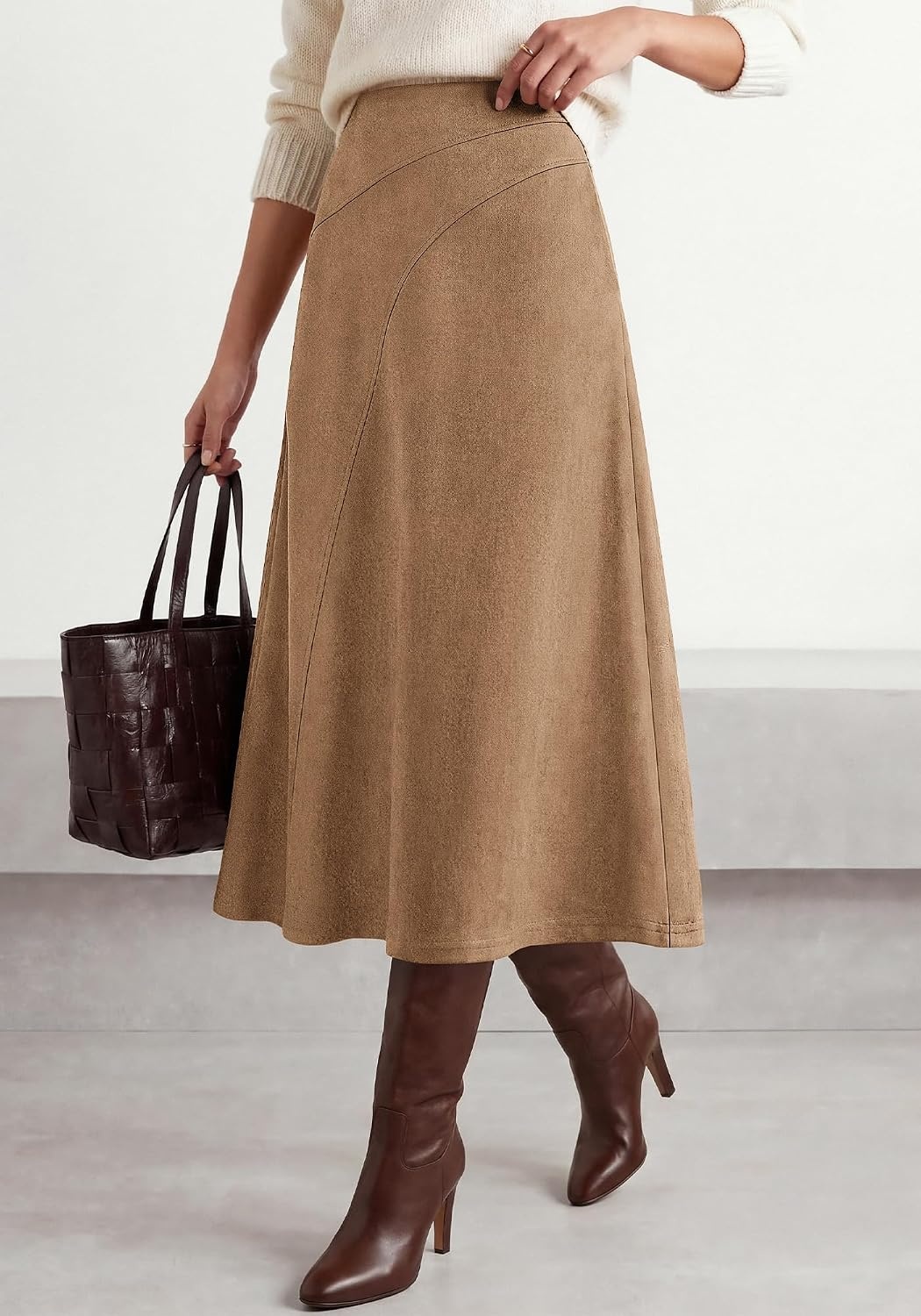 image:imageBTFBM Women Faux Suede Midi Long Skirt Fall Fashion 2026 High Waisted Skirts For Women Trendy Lightweight Back Elastic Arc Line Design ALine Winter Dress Boho Western OutfitsKhaki