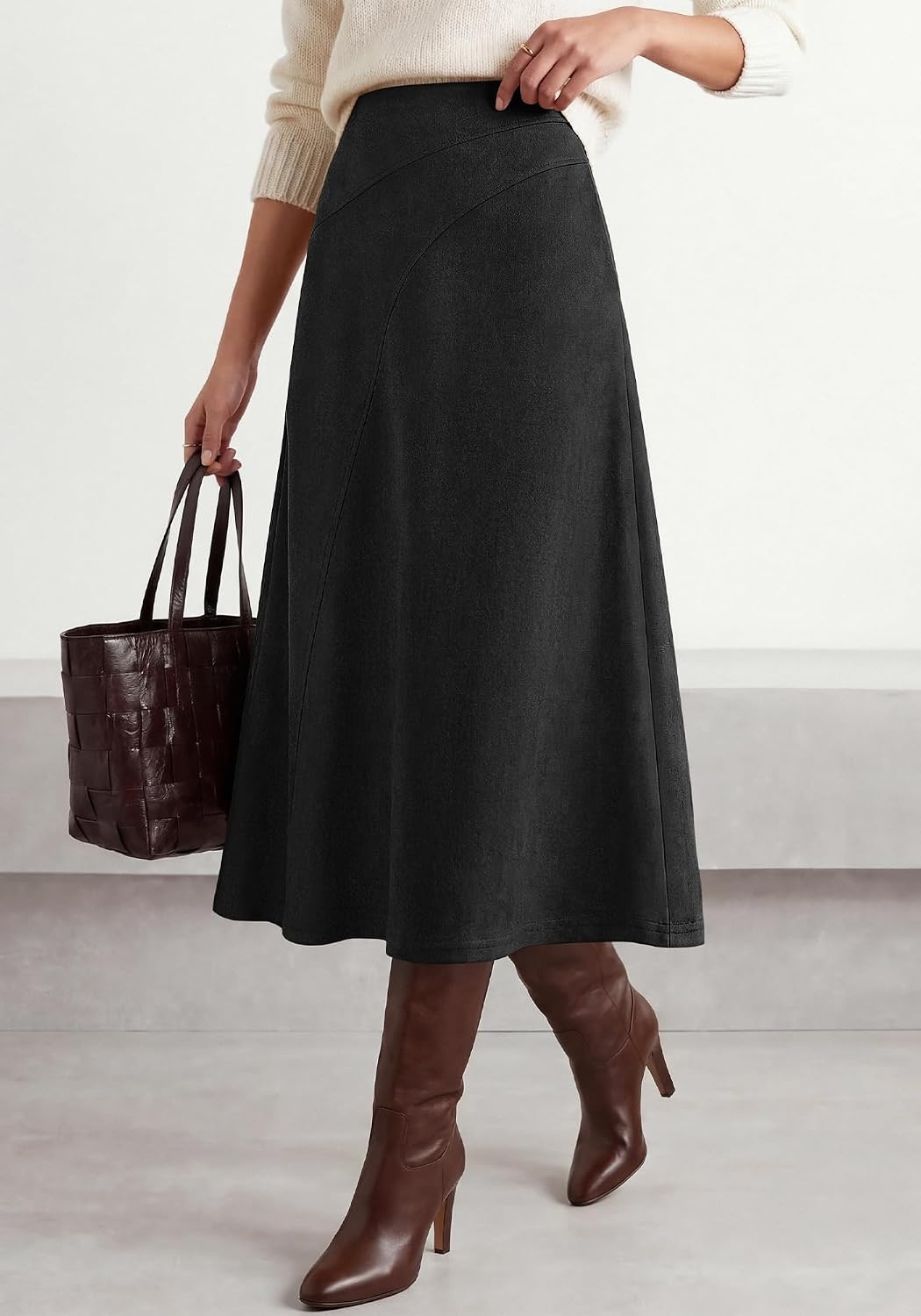 image:imageBTFBM Women Faux Suede Midi Long Skirt Fall Fashion 2026 High Waisted Skirts For Women Trendy Lightweight Back Elastic Arc Line Design ALine Winter Dress Boho Western OutfitsBlack