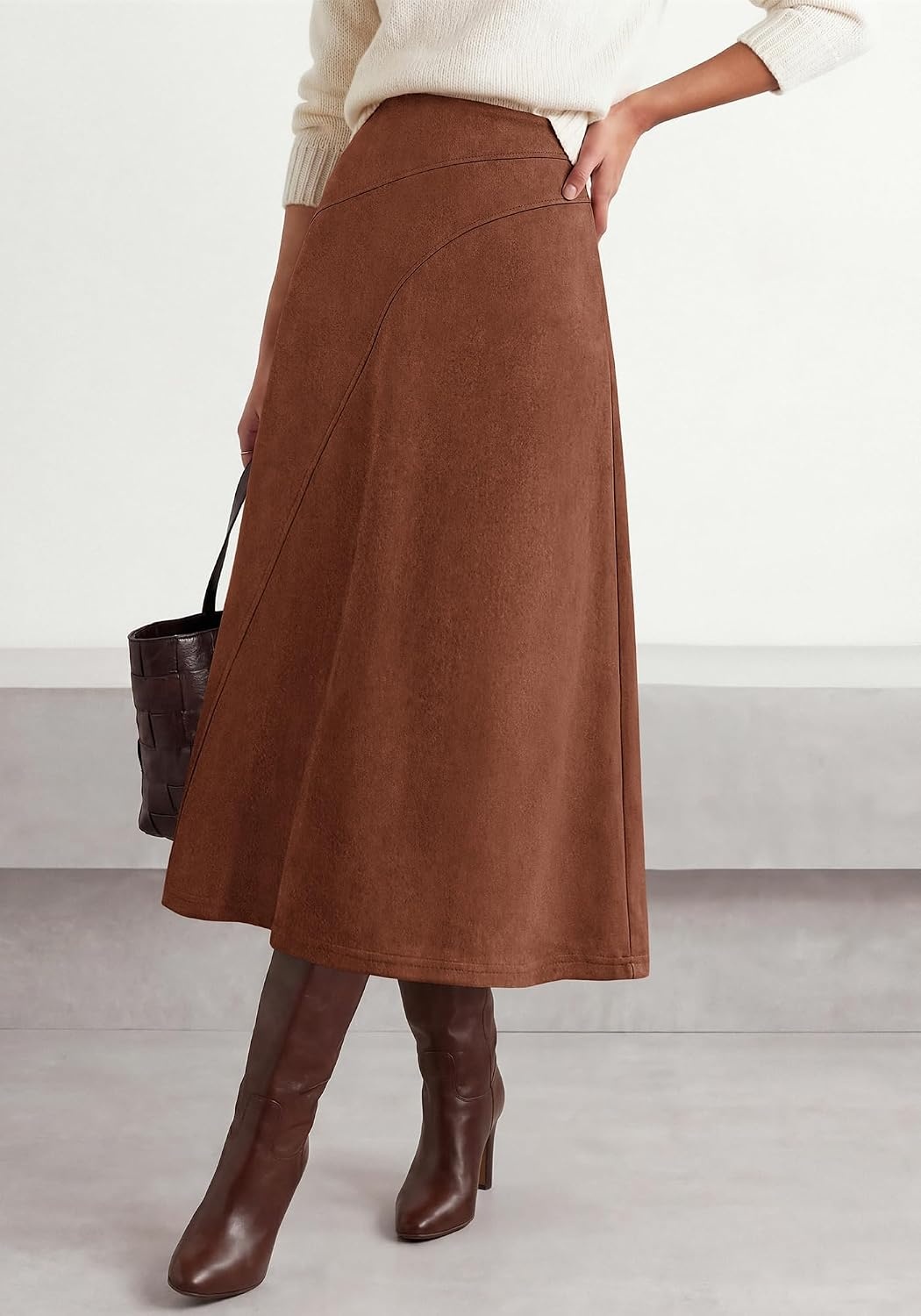 image:imageBTFBM Women Faux Suede Midi Long Skirt Fall Fashion 2026 High Waisted Skirts For Women Trendy Lightweight Back Elastic Arc Line Design ALine Winter Dress Boho Western OutfitsDark Brown