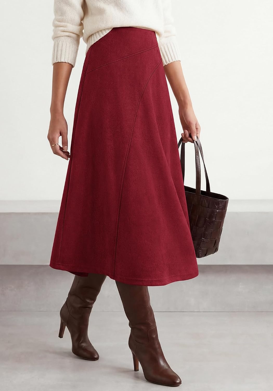 image:imageBTFBM Women Faux Suede Midi Long Skirt Fall Fashion 2026 High Waisted Skirts For Women Trendy Lightweight Back Elastic Arc Line Design ALine Winter Dress Boho Western OutfitsBurgundy