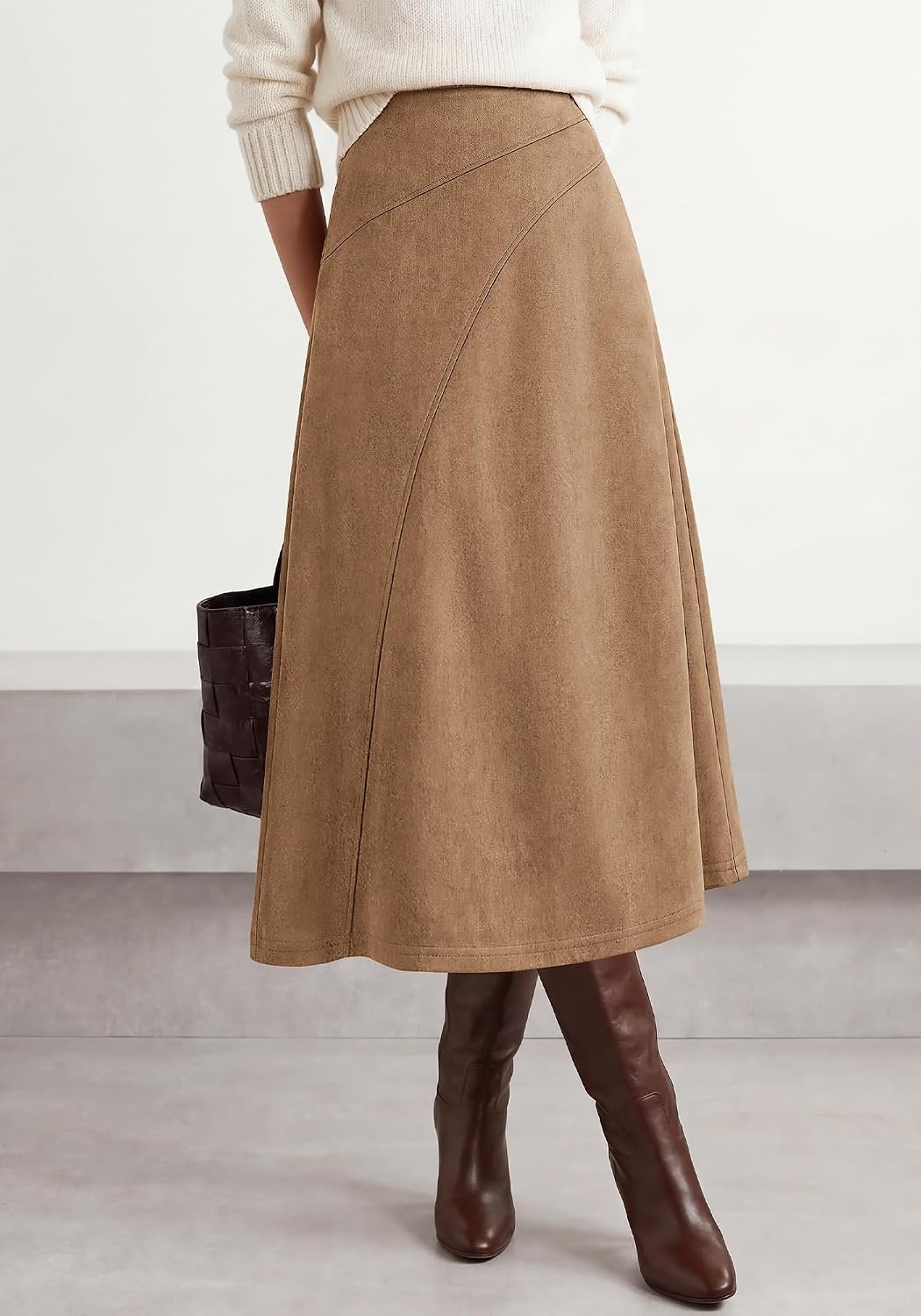 image:imageBTFBM Women Faux Suede Midi Long Skirt Fall Fashion 2026 High Waisted Skirts For Women Trendy Lightweight Back Elastic Arc Line Design ALine Winter Dress Boho Western OutfitsKhaki