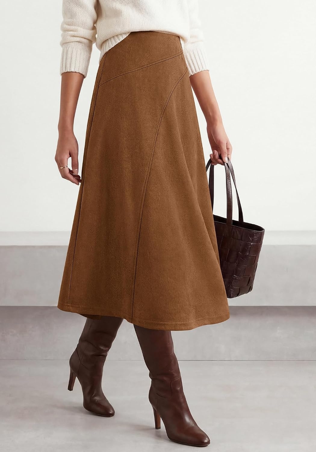 image:imageBTFBM Women Faux Suede Midi Long Skirt Fall Fashion 2026 High Waisted Skirts For Women Trendy Lightweight Back Elastic Arc Line Design ALine Winter Dress Boho Western OutfitsBrown