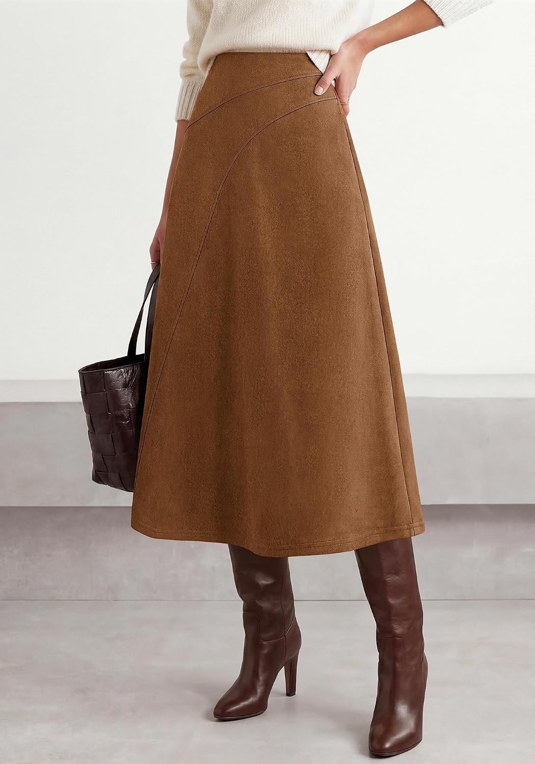image:imageBTFBM Women Faux Suede Midi Long Skirt Fall Fashion 2026 High Waisted Skirts For Women Trendy Lightweight Back Elastic Arc Line Design ALine Winter Dress Boho Western OutfitsBrown