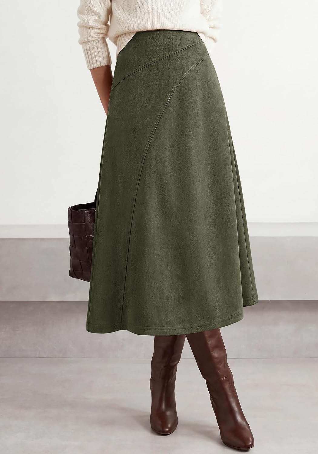 image:imageBTFBM Women Faux Suede Midi Long Skirt Fall Fashion 2026 High Waisted Skirts For Women Trendy Lightweight Back Elastic Arc Line Design ALine Winter Dress Boho Western OutfitsArmy Green
