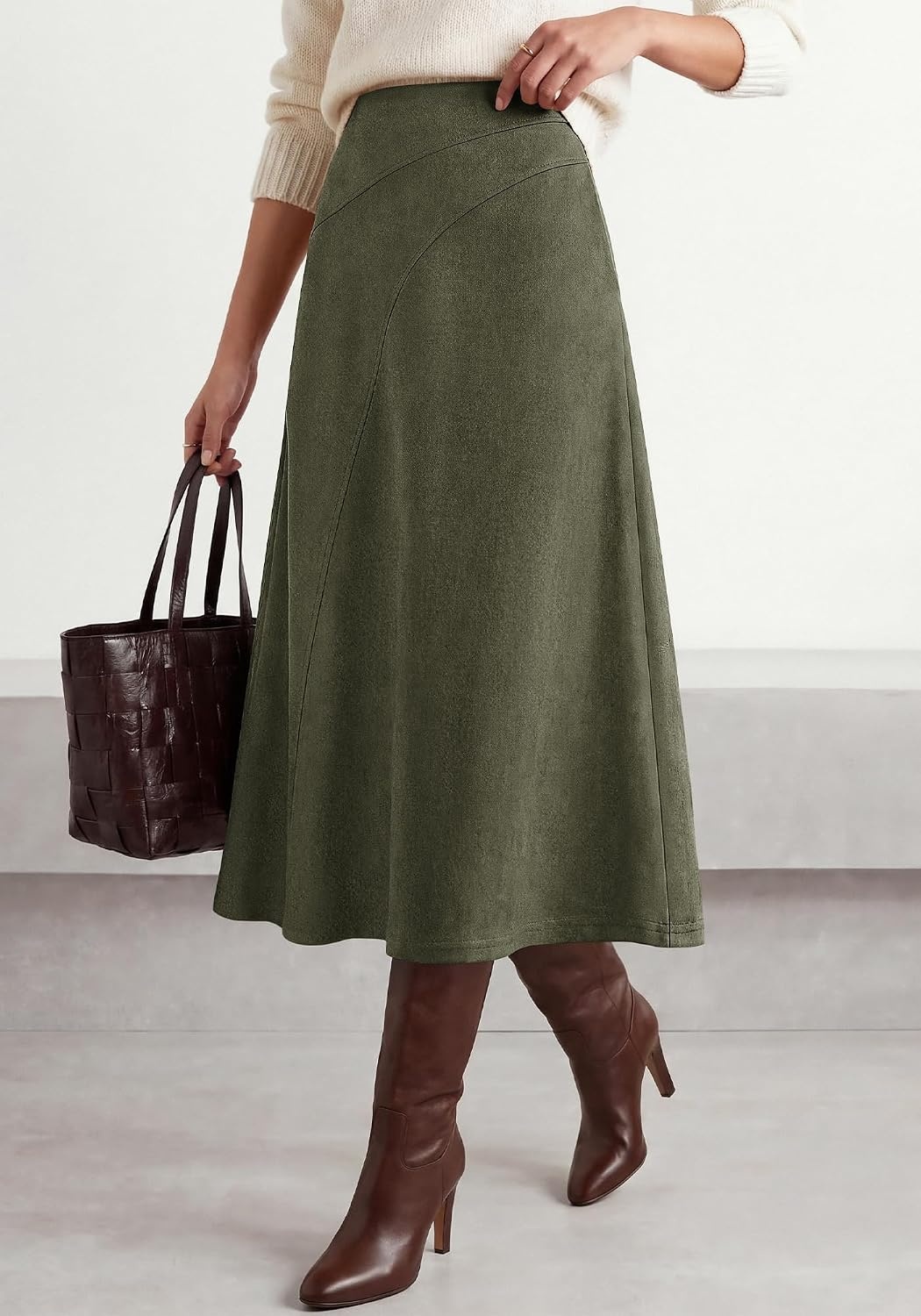 image:imageBTFBM Women Faux Suede Midi Long Skirt Fall Fashion 2026 High Waisted Skirts For Women Trendy Lightweight Back Elastic Arc Line Design ALine Winter Dress Boho Western OutfitsArmy Green