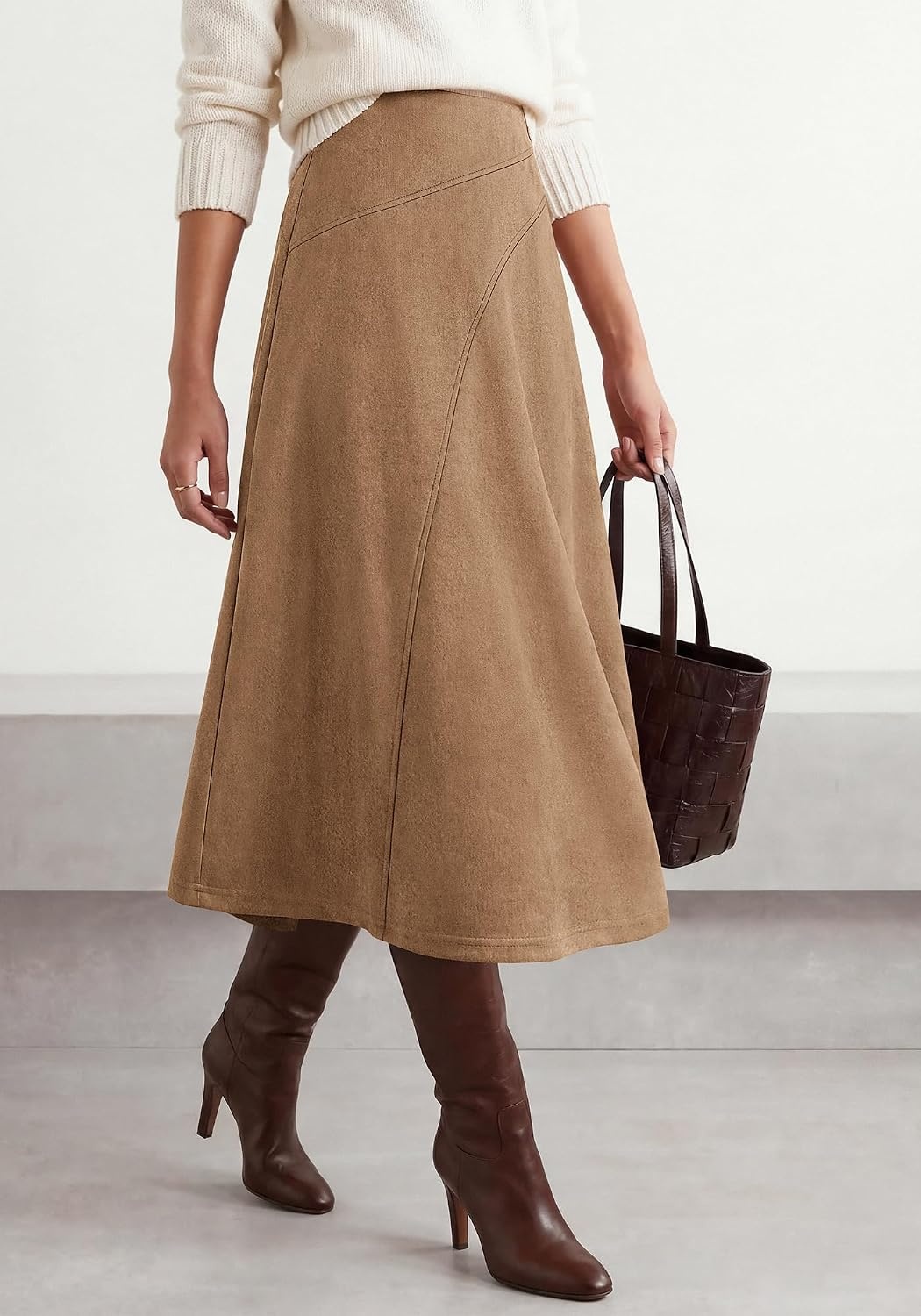 image:imageBTFBM Women Faux Suede Midi Long Skirt Fall Fashion 2026 High Waisted Skirts For Women Trendy Lightweight Back Elastic Arc Line Design ALine Winter Dress Boho Western OutfitsKhaki
