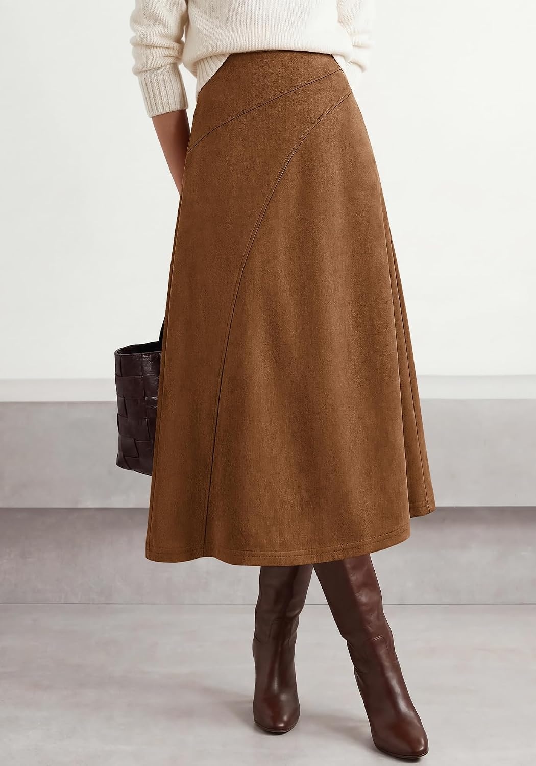 image:imageBTFBM Women Faux Suede Midi Long Skirt Fall Fashion 2026 High Waisted Skirts For Women Trendy Lightweight Back Elastic Arc Line Design ALine Winter Dress Boho Western OutfitsBrown