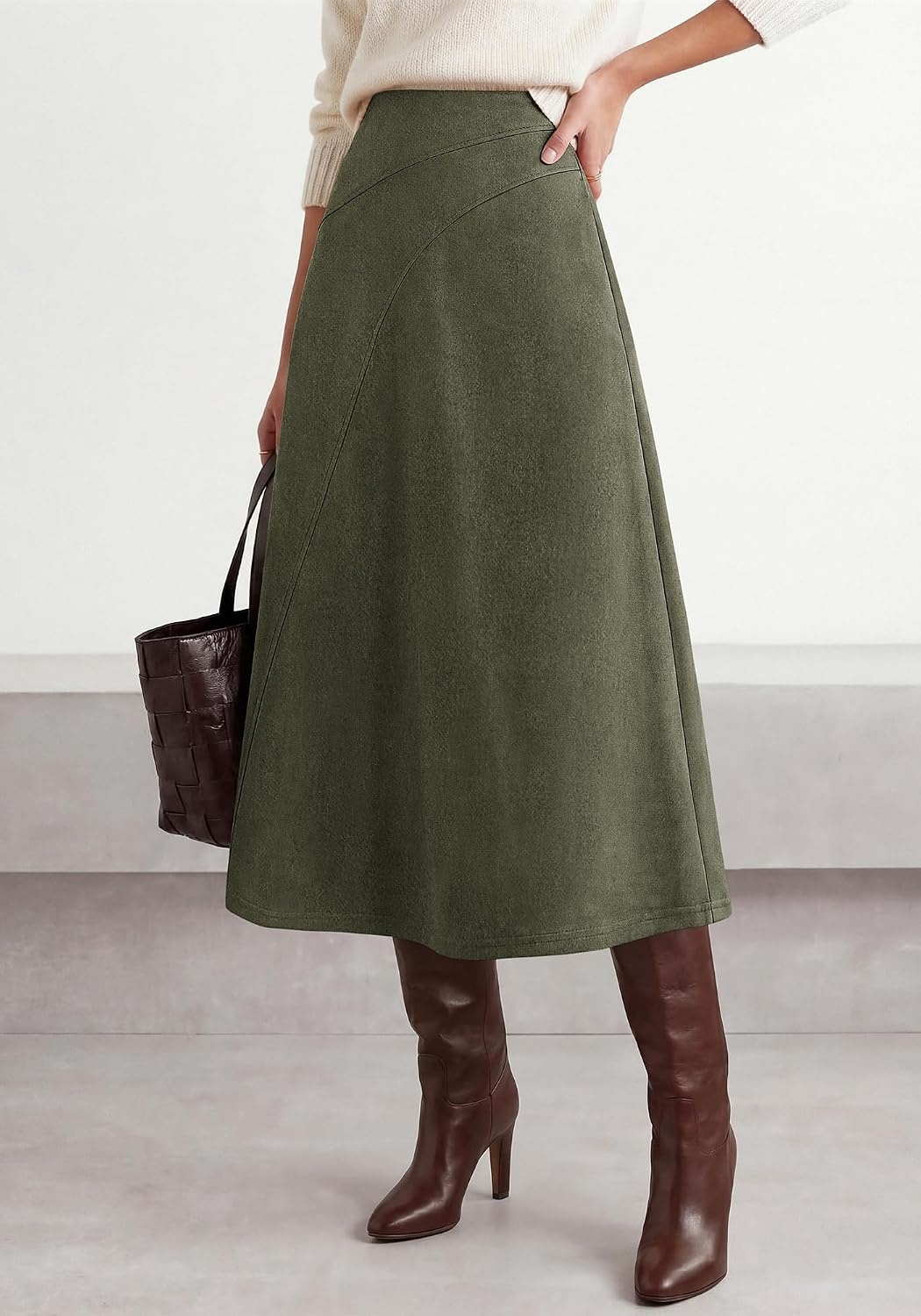 image:imageBTFBM Women Faux Suede Midi Long Skirt Fall Fashion 2026 High Waisted Skirts For Women Trendy Lightweight Back Elastic Arc Line Design ALine Winter Dress Boho Western OutfitsArmy Green