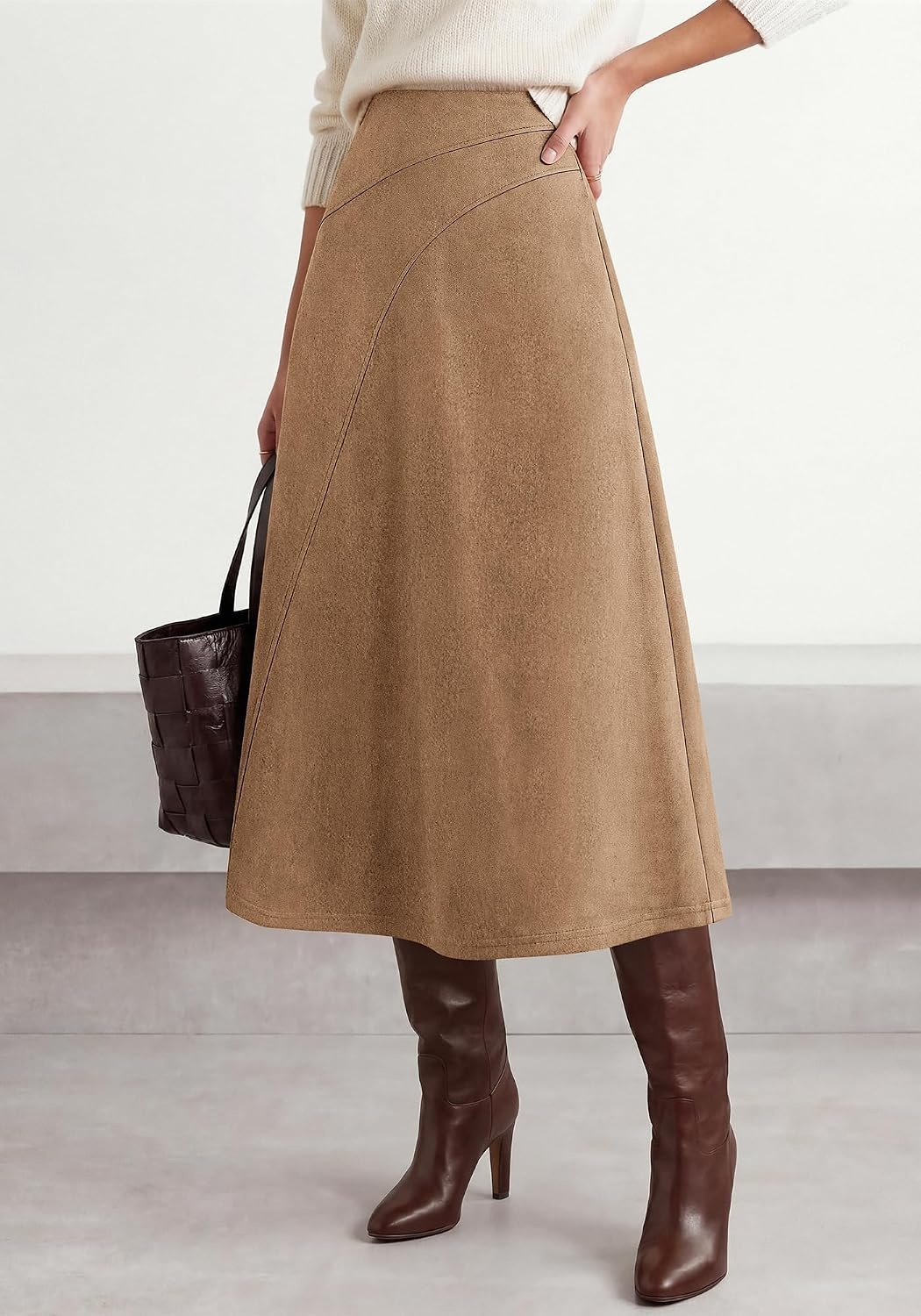 image:imageBTFBM Women Faux Suede Midi Long Skirt Fall Fashion 2026 High Waisted Skirts For Women Trendy Lightweight Back Elastic Arc Line Design ALine Winter Dress Boho Western OutfitsKhaki