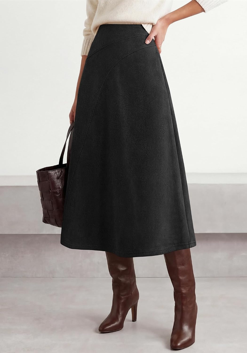 image:imageBTFBM Women Faux Suede Midi Long Skirt Fall Fashion 2026 High Waisted Skirts For Women Trendy Lightweight Back Elastic Arc Line Design ALine Winter Dress Boho Western OutfitsBlack
