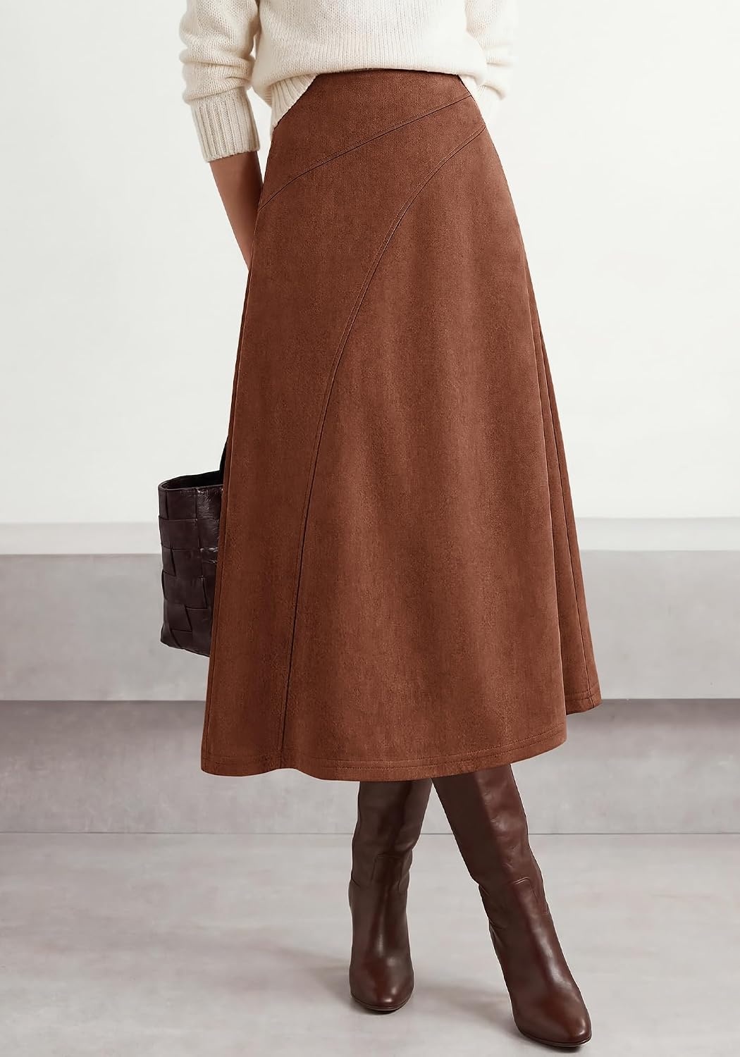 image:imageBTFBM Women Faux Suede Midi Long Skirt Fall Fashion 2026 High Waisted Skirts For Women Trendy Lightweight Back Elastic Arc Line Design ALine Winter Dress Boho Western OutfitsDark Brown