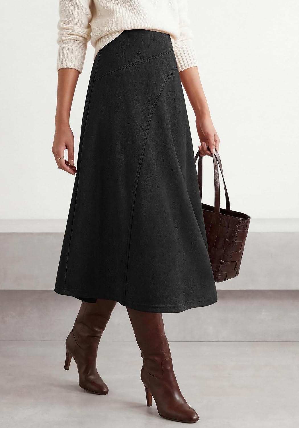 image:imageBTFBM Women Faux Suede Midi Long Skirt Fall Fashion 2026 High Waisted Skirts For Women Trendy Lightweight Back Elastic Arc Line Design ALine Winter Dress Boho Western OutfitsBlack