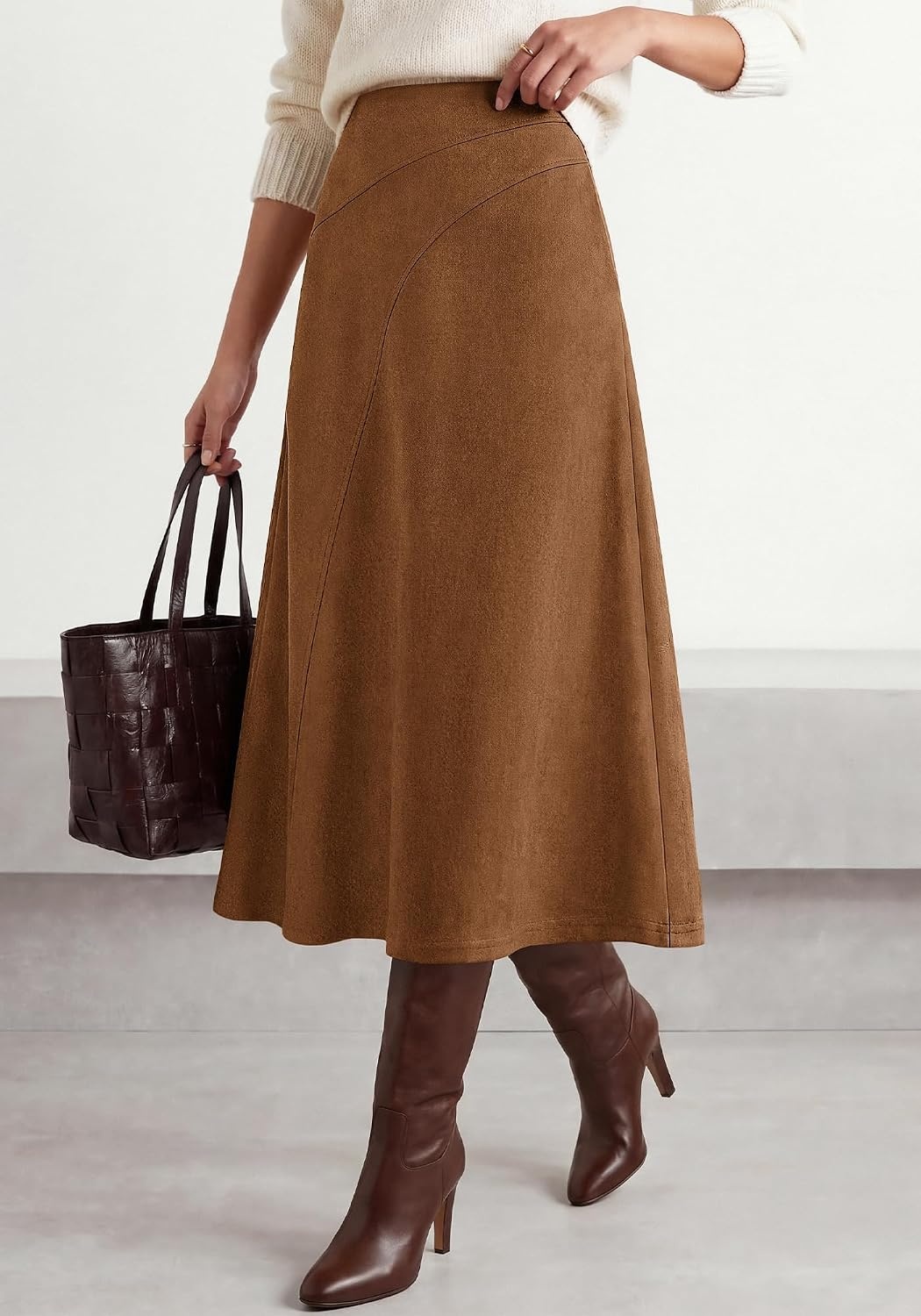 image:imageBTFBM Women Faux Suede Midi Long Skirt Fall Fashion 2026 High Waisted Skirts For Women Trendy Lightweight Back Elastic Arc Line Design ALine Winter Dress Boho Western OutfitsBrown
