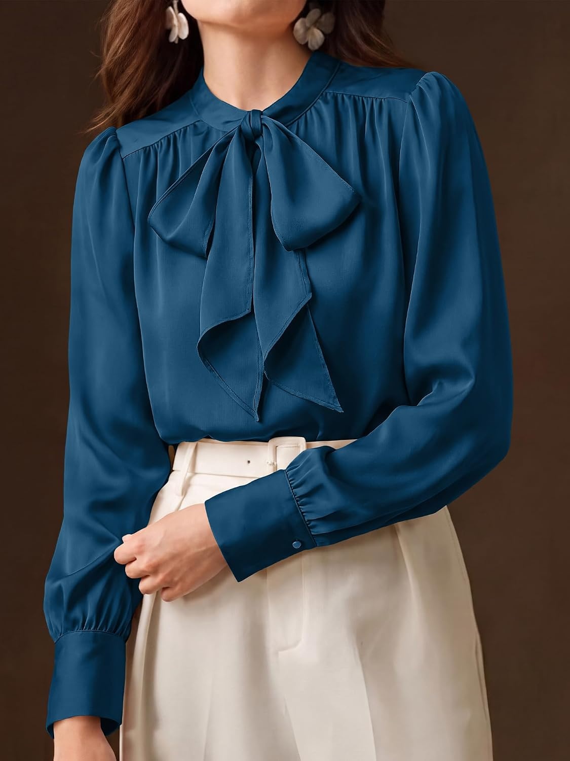 image:imageBTFBM Women Satin Blouses Bow Tie Work Business Casual Tops Ruched Button Cuff Long Sleeve Top Dressy Silk Blouse Elegant Daily Professional Office Clothes Early Fall Fashion 2026Blue Green