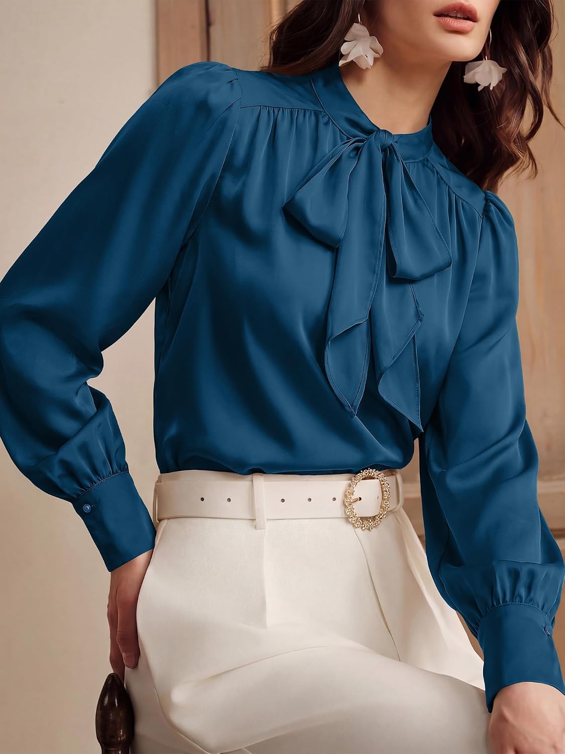 image:imageBTFBM Women Satin Blouses Bow Tie Work Business Casual Tops Ruched Button Cuff Long Sleeve Top Dressy Silk Blouse Elegant Daily Professional Office Clothes Early Fall Fashion 2026Blue Green