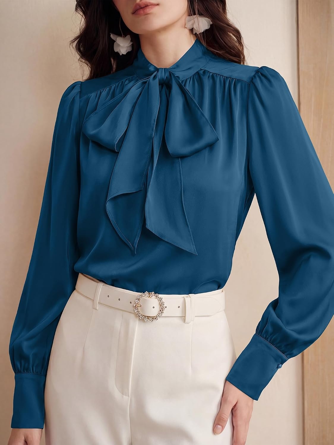 image:imageBTFBM Women Satin Blouses Bow Tie Work Business Casual Tops Ruched Button Cuff Long Sleeve Top Dressy Silk Blouse Elegant Daily Professional Office Clothes Early Fall Fashion 2026Blue Green
