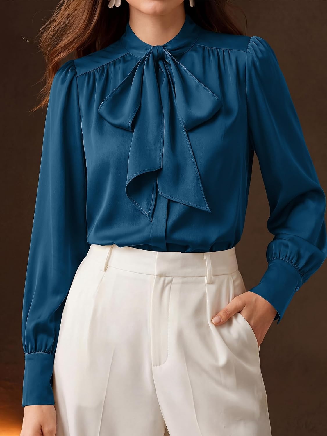 image:imageBTFBM Women Satin Blouses Bow Tie Work Business Casual Tops Ruched Button Cuff Long Sleeve Top Dressy Silk Blouse Elegant Daily Professional Office Clothes Early Fall Fashion 2026Blue Green