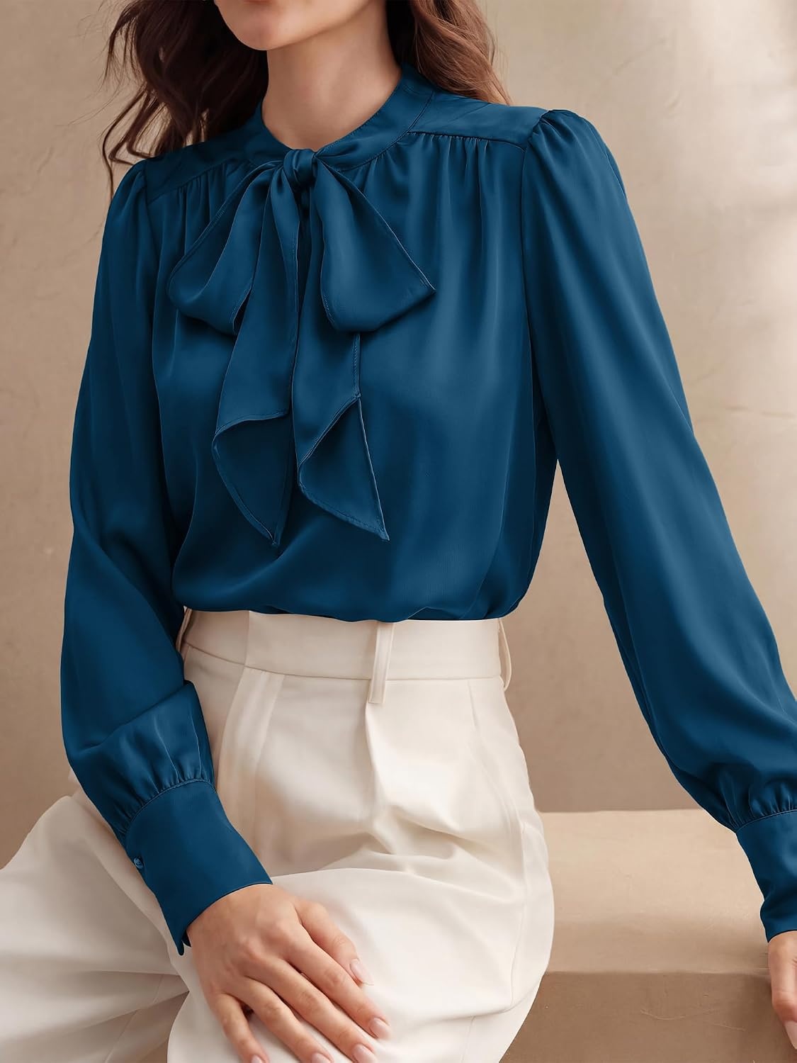 image:imageBTFBM Women Satin Blouses Bow Tie Work Business Casual Tops Ruched Button Cuff Long Sleeve Top Dressy Silk Blouse Elegant Daily Professional Office Clothes Early Fall Fashion 2026Blue Green
