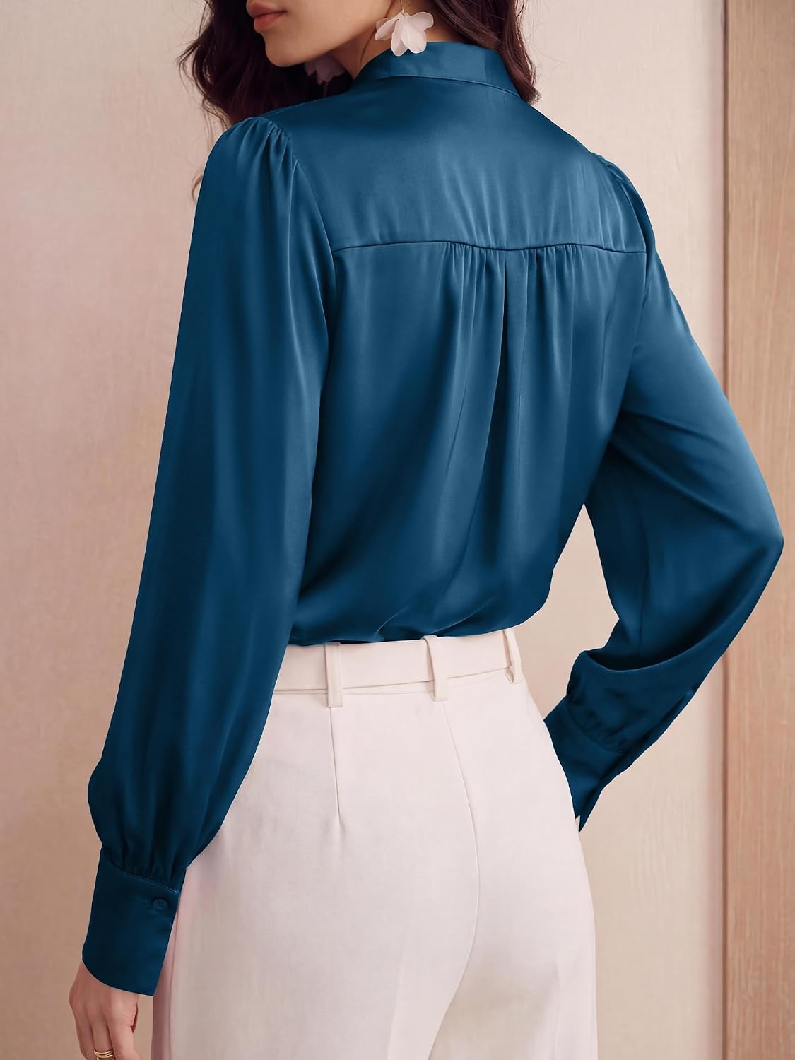 image:imageBTFBM Women Satin Blouses Bow Tie Work Business Casual Tops Ruched Button Cuff Long Sleeve Top Dressy Silk Blouse Elegant Daily Professional Office Clothes Early Fall Fashion 2026Blue Green
