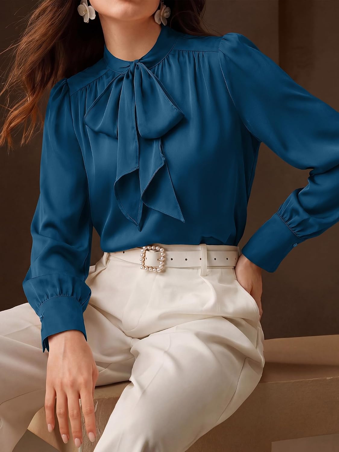 image:imageBTFBM Women Satin Blouses Bow Tie Work Business Casual Tops Ruched Button Cuff Long Sleeve Top Dressy Silk Blouse Elegant Daily Professional Office Clothes Early Fall Fashion 2026Blue Green