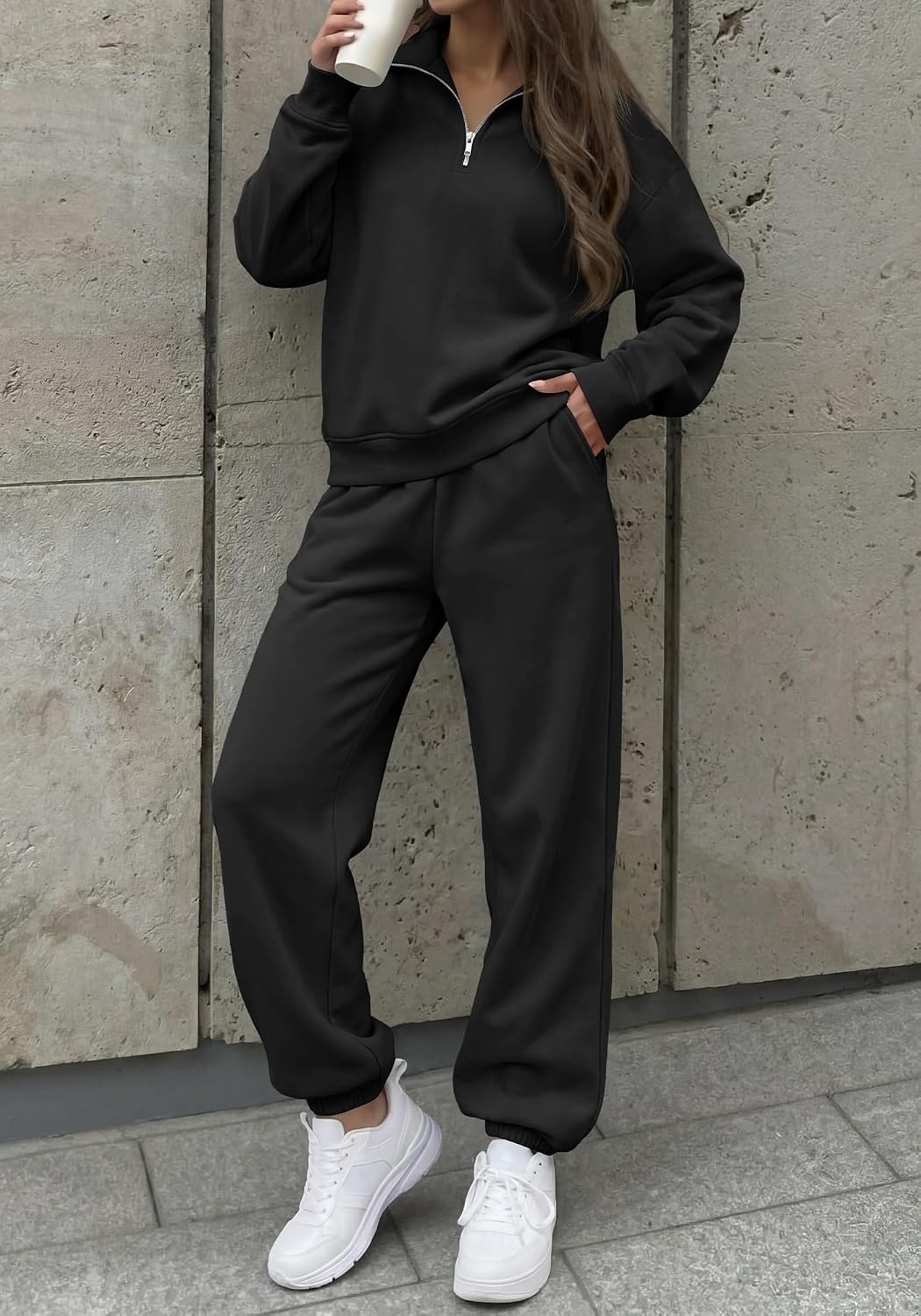 image:imageBTFBM Womens 2 Piece Outfits Sweatsuit Fleece Lounge Sets Quarter Zip Pullover SweatshirtBaggy Jogger Sweatpants2026 Fall Fashion ClothingAirport Travel Matching Sweat SetBlack